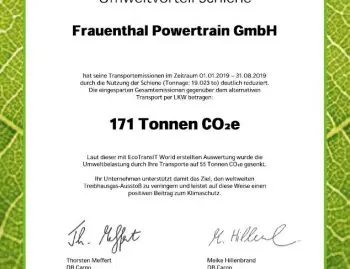 Urkunde Reduzierung CO2 Transportemission Deutsche Bahn